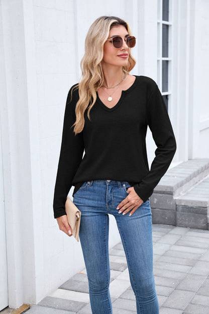 Women's Waffle Knit V-Neck Long Sleeve Loose Fit Top