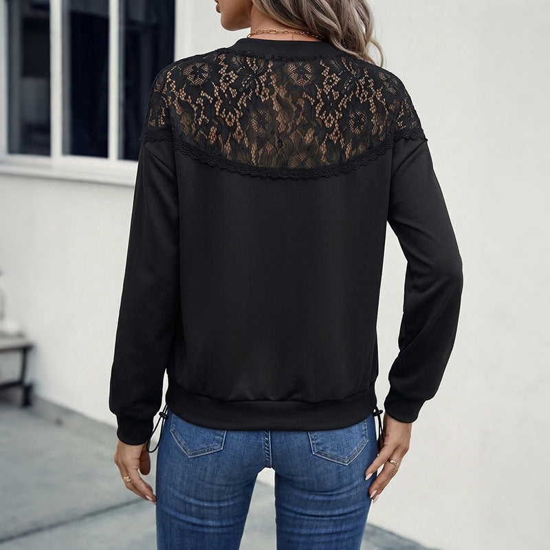 Lace Patchwork Sweatshirt Women Casual Black Pullover Top