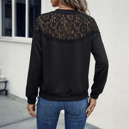 Lace Patchwork Sweatshirt Women Casual Black Pullover Top