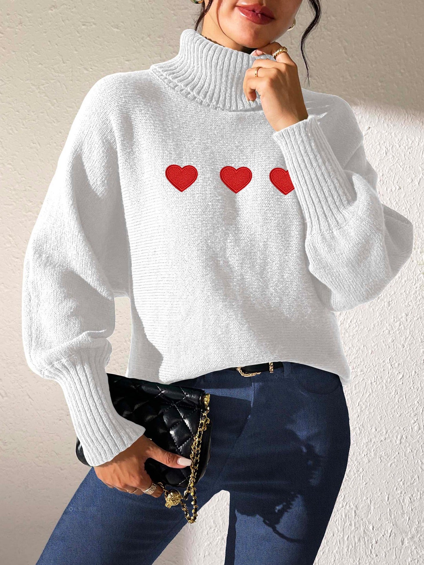 Women's Bottoming Shirt Solid Color Simple Top Love Sticker Turtleneck Sweater