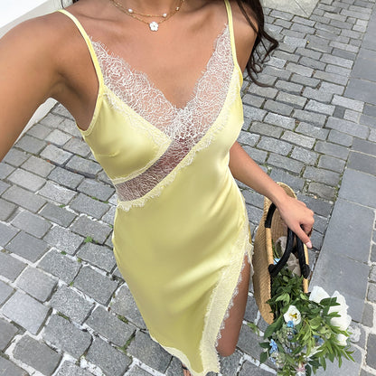 Lace Trim Satin Slip Maxi Dress with Side Slit