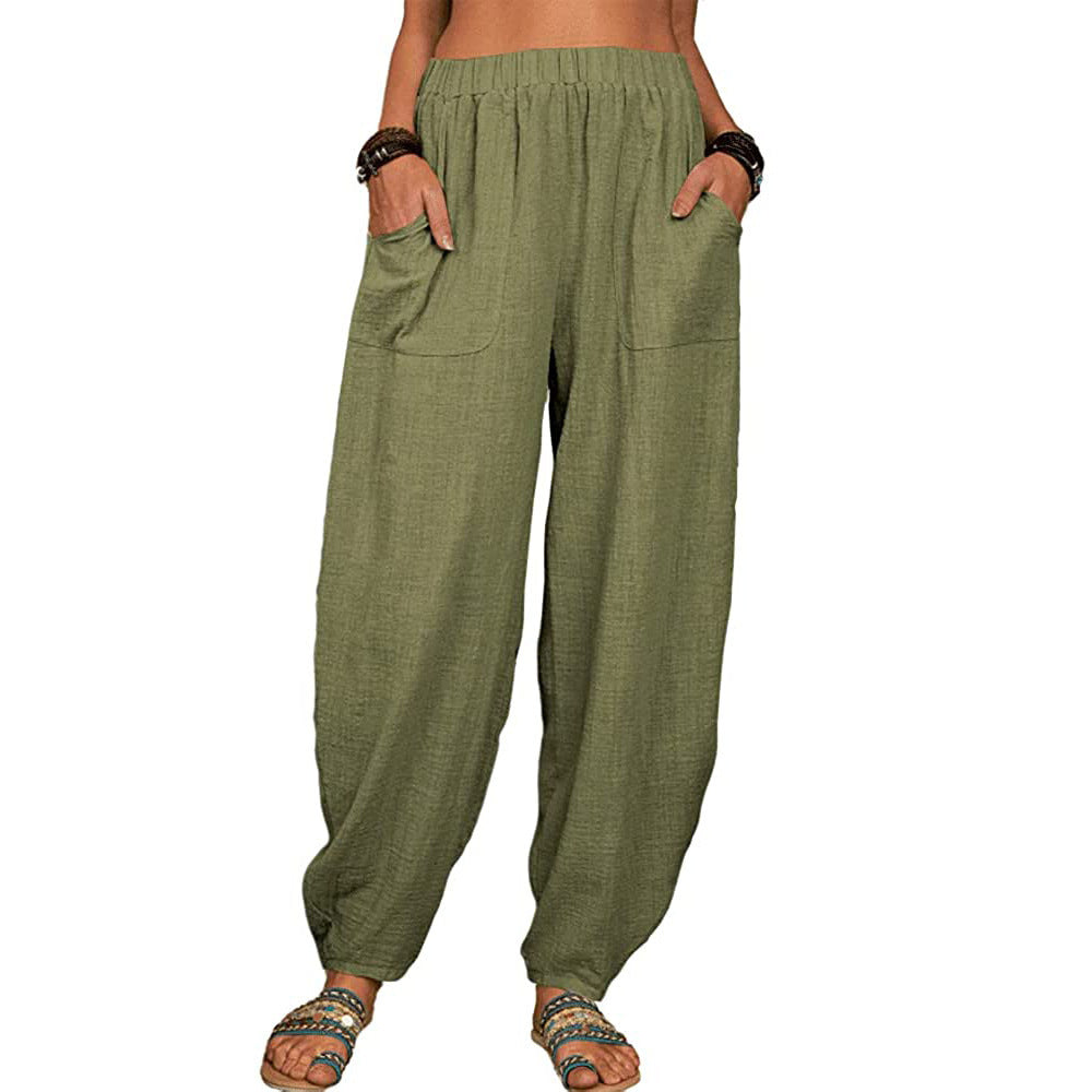 Women's Linen Harem Pants High Waist Loose Casual Boho