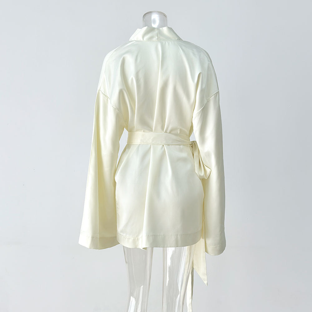 Sexy Satin V-Neck Tie Waist Long Sleeve Mini Dress