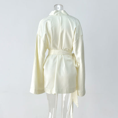 Sexy Satin V-Neck Tie Waist Long Sleeve Mini Dress