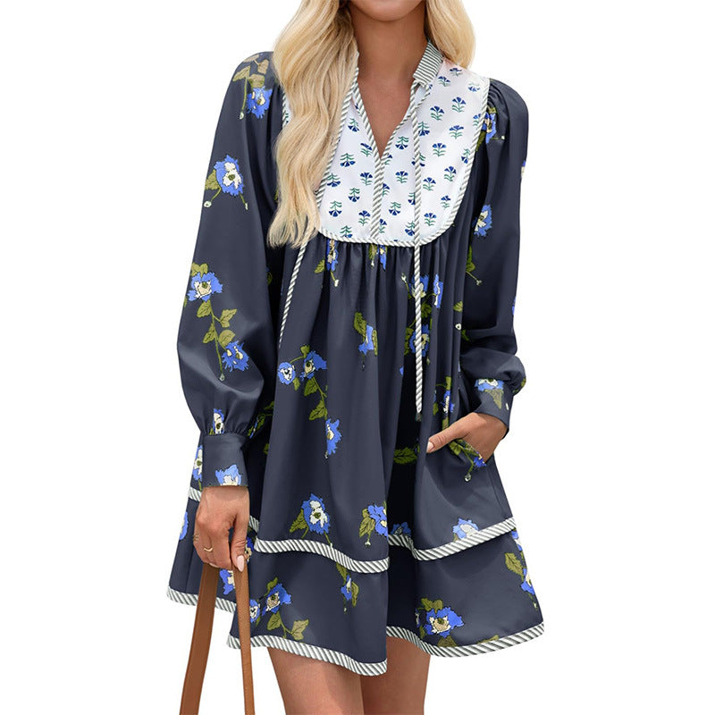 Boho Floral V-Neck Long Sleeve Flowy Mini Dress