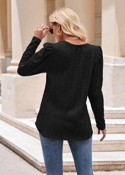 Burgundy Textured Knit Puff Sleeve Long Sleeve Top