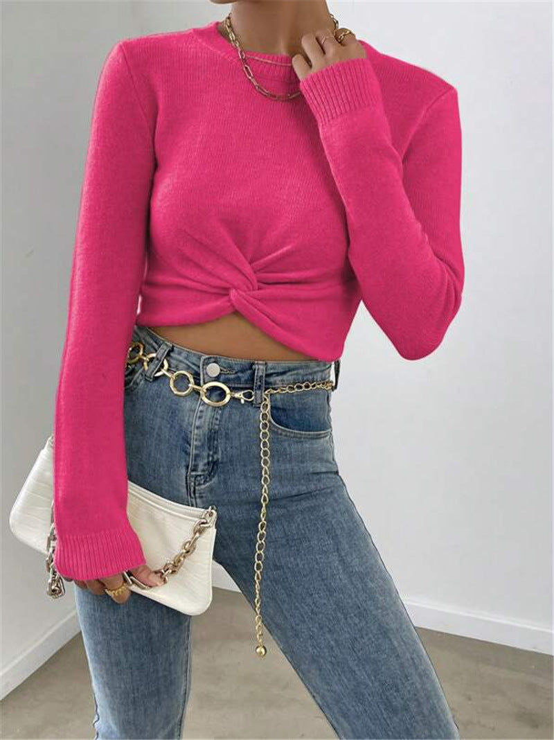 Twist Front Crop Sweater Crew Neck Long Sleeve Fitted