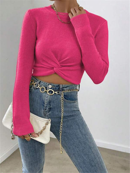 Twist Front Crop Sweater Crew Neck Long Sleeve Fitted