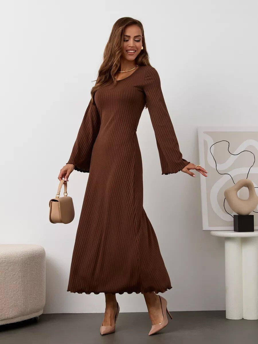 Women's Ribbed U Neck Flare Sleeve Tie Back Maxi Dress