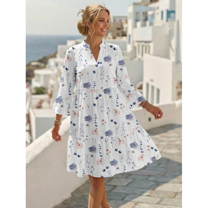 Boho V-Neck Tiered Midi Dress Floral A-Line Summer