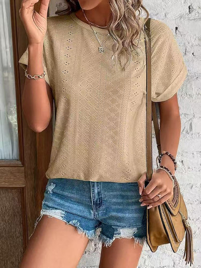Solid Eyelet Short Sleeve Tee Loose Fit Casual Top