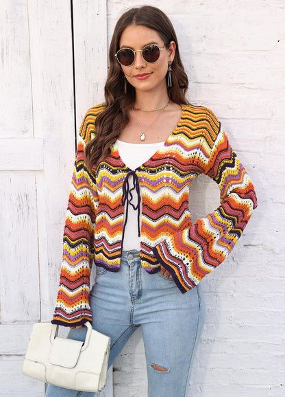 Rainbow Splicing Striped Strap Sweater Jacket