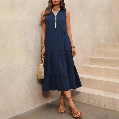 Spring/Summer Colorblock V-Neck Ruffled Maxi Dress