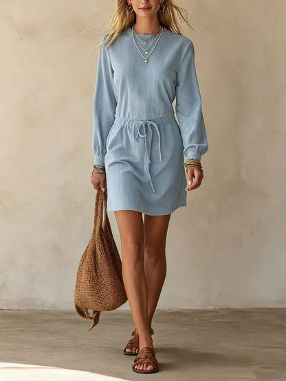 Women's Corduroy Long Sleeve Drawstring Waist Mini Dress