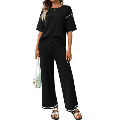 Mint Knit Lounge Set Short Sleeve Top Wide Leg Pants