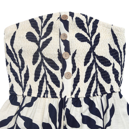 Strapless Smocked Leaf Print Romper High Waist Button Front