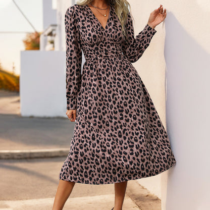 Leopard Print Long-sleeved Dress Temperament Commuter High-waisted V-neck Women's Long Dress