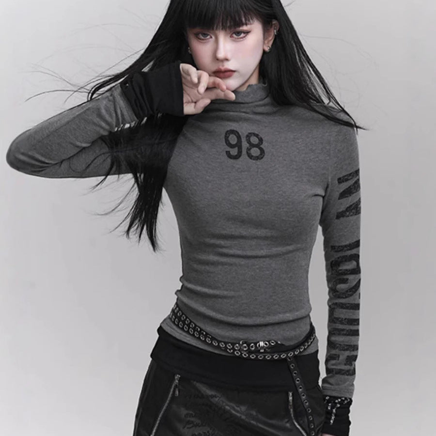 Women's Streetwear Graphic Turtleneck Slim Long Sleeve Top