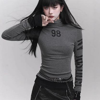 Women's Streetwear Graphic Turtleneck Slim Long Sleeve Top