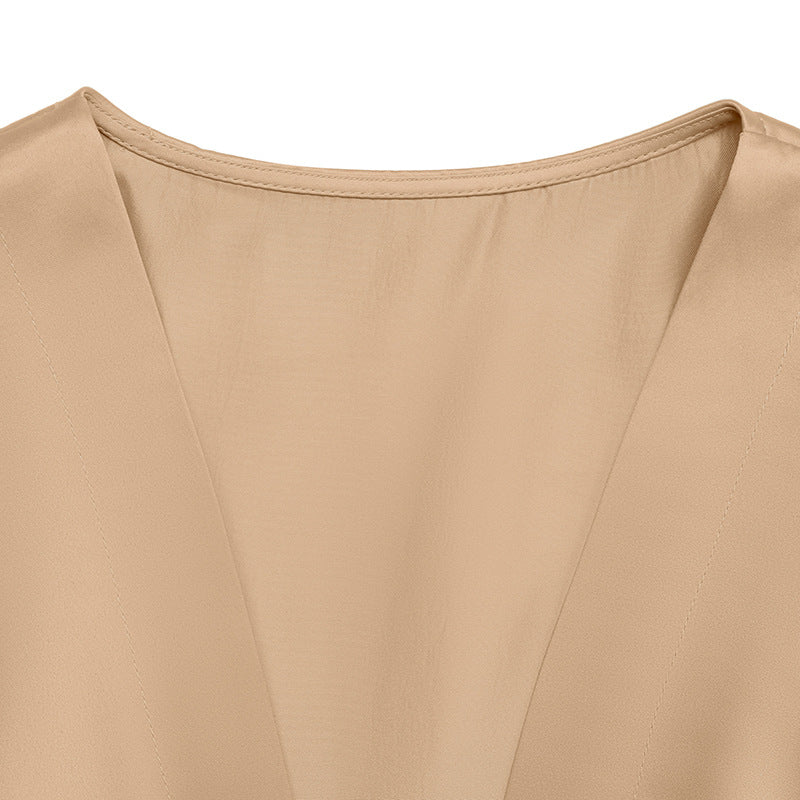 Satin V Neck Wrap Midi Dress Tie Waist Elegant