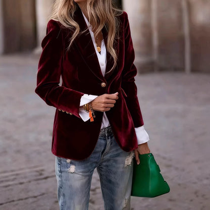 Women's Fitted Velvet Blazer Single Button Suit Jacket