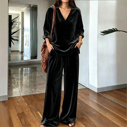 Women's Velvet V Neck Wide Leg Pants Two Piece Lounge Set
