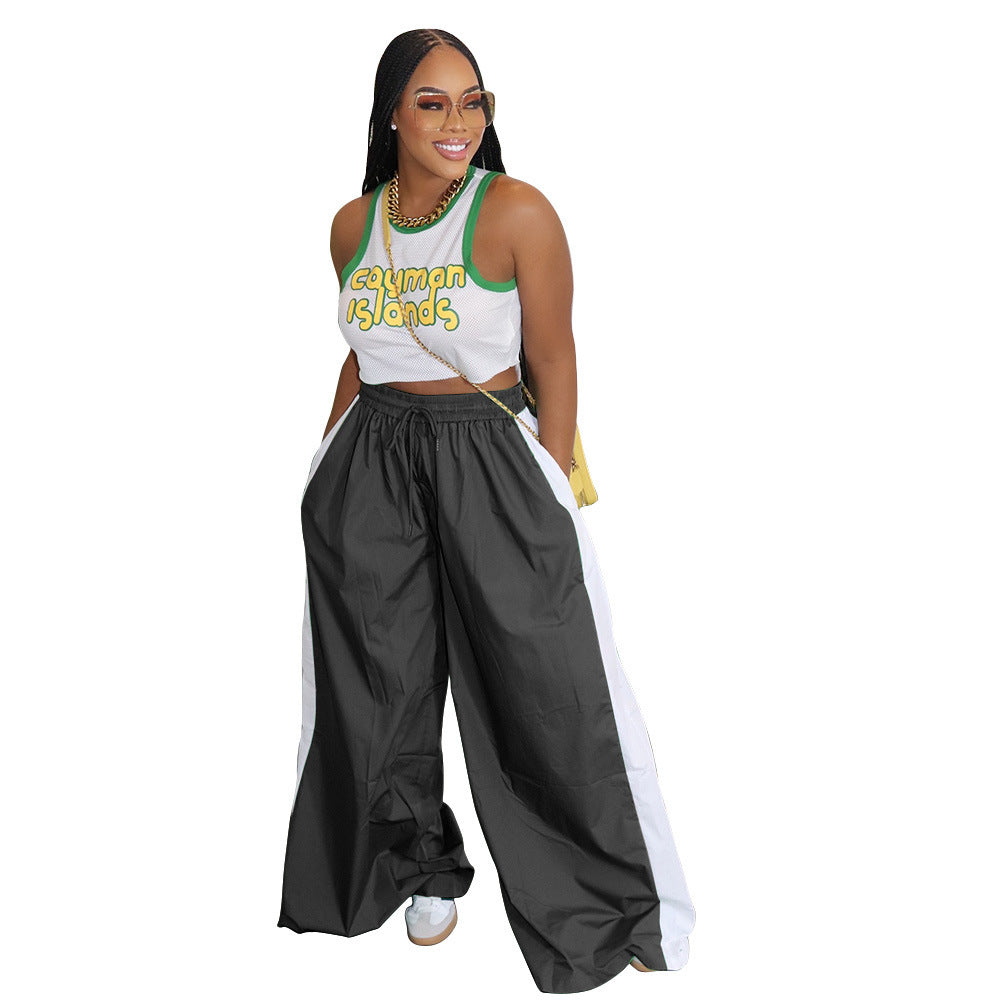Women Sporty Color Block Wide Leg Pants Loose Side Stripe