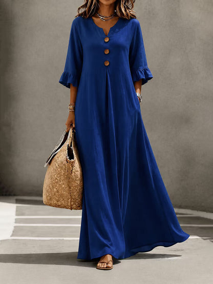 Women's V-Neck Boho Maxi Dress Ruffle Sleeve with Pockets