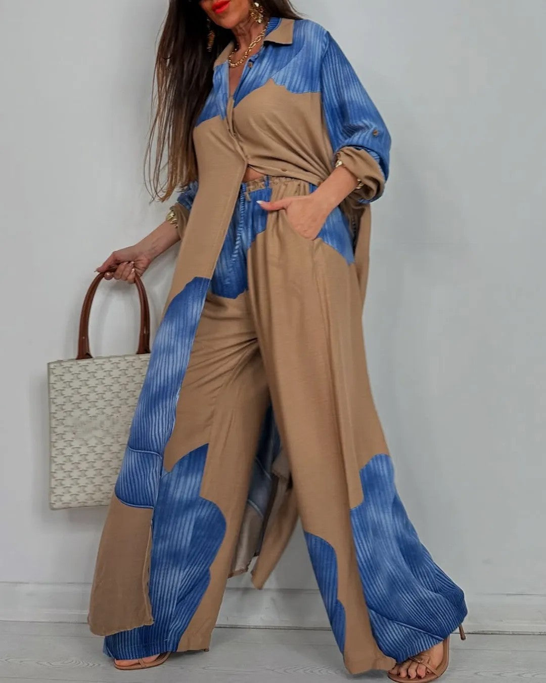 Color Block Shirt Wide Leg Pants Two Piece Set