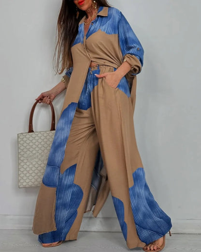 Color Block Shirt Wide Leg Pants Two Piece Set