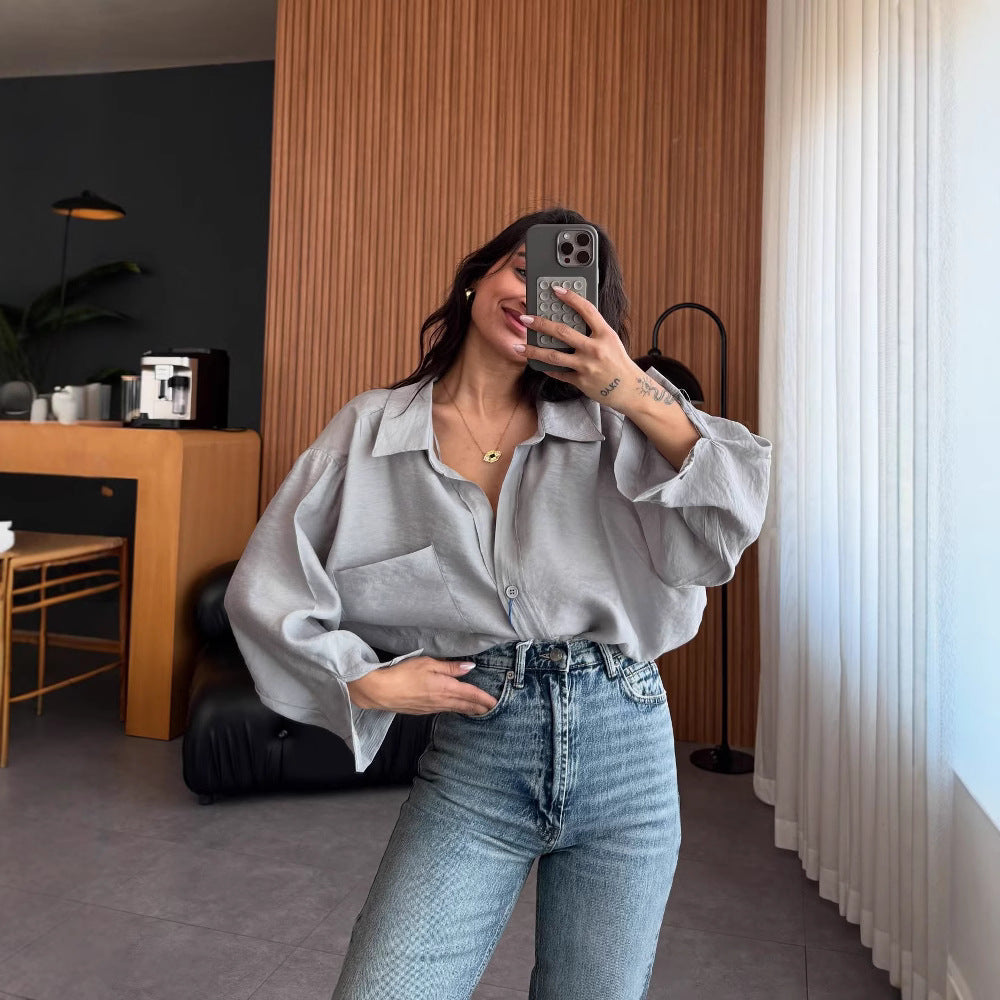 Women's Oversized Collared Pocket Button Down Shirt