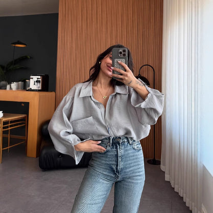 Women's Oversized Collared Pocket Button Down Shirt