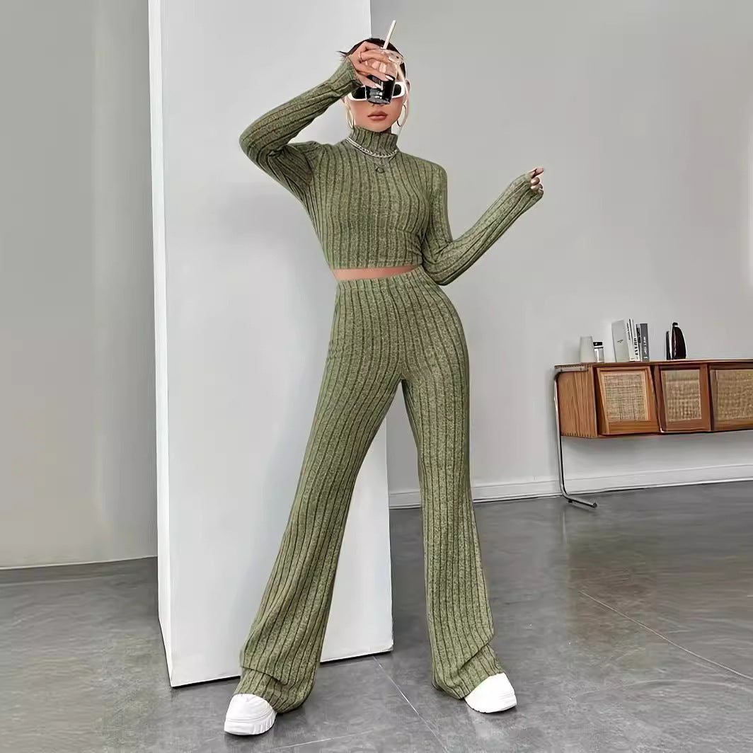Women's Ribbed Knit Crop Top & Flare Pants Matching Set