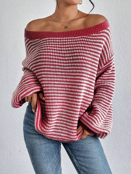 Women's Off Shoulder Striped Oversized Pullover Sweater