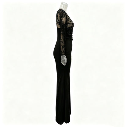 Sexy Black Lace Bodycon Dress Deep V Neck Long Sleeve