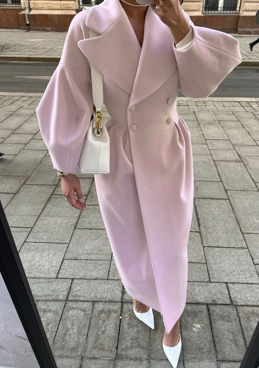 Women Wool Coat Double Breasted Balloon Sleeve Notch Lapel