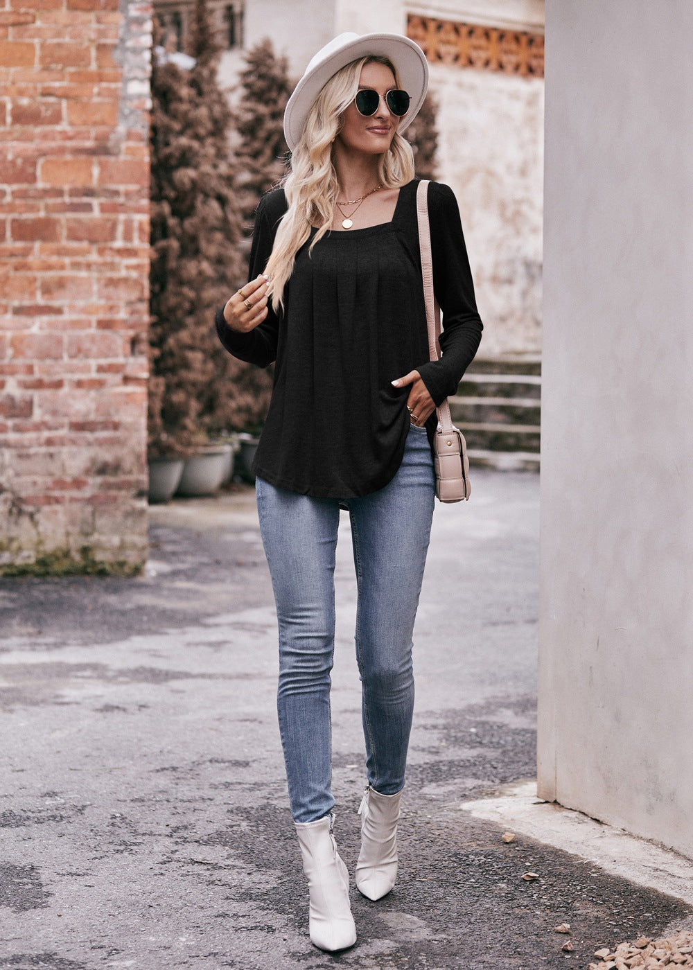 Square Neck Pleated Long Sleeve Top for Women