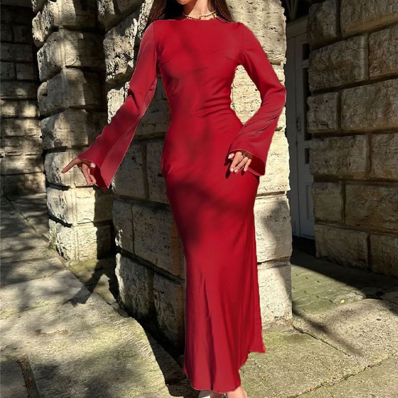 Women's Elegant Long Sleeve Solid Maxi Dress Casual