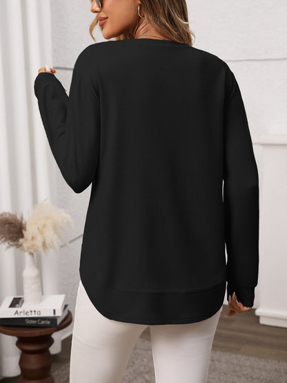 Solid waffle knit tunic top layered curved hem
