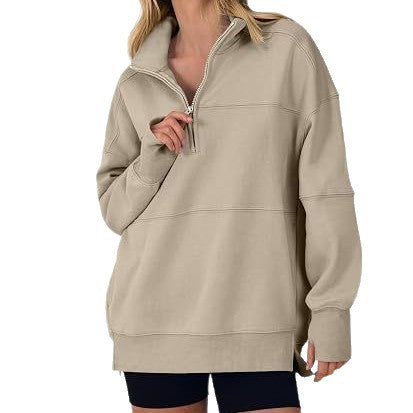 Oversized Half Zip Fleece Sweatshirt Side Slit