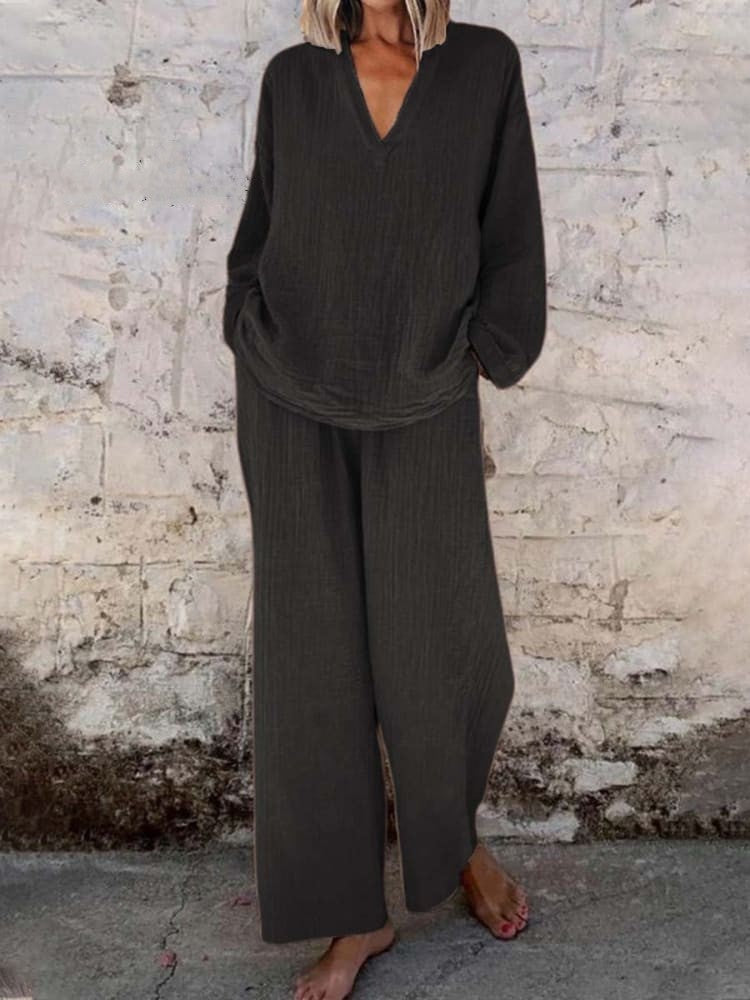 Women's Solid V Neck Wide Leg Pants Casual Two Piece Set