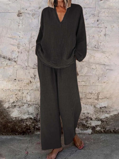 Women's Solid V Neck Wide Leg Pants Casual Two Piece Set