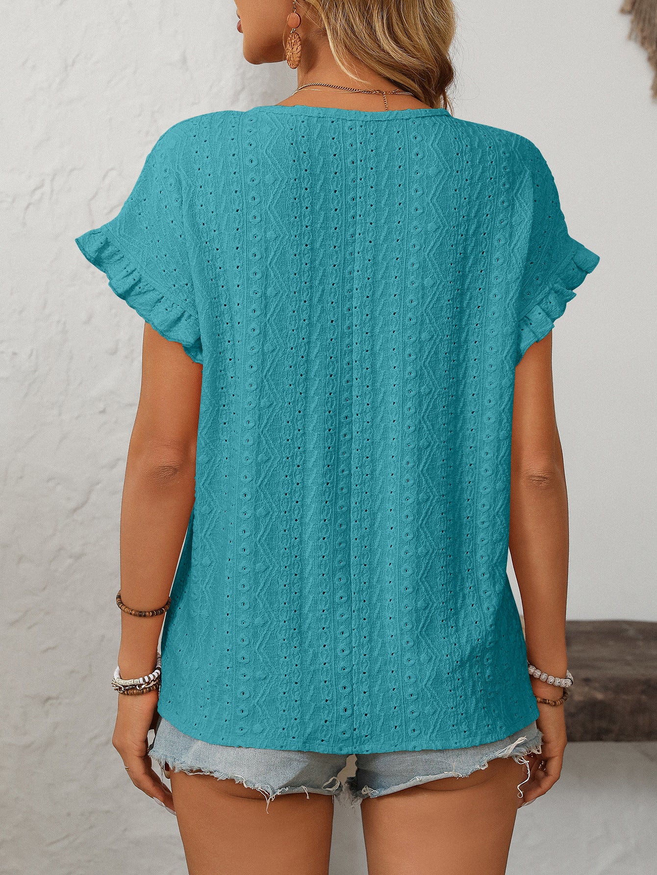 Women’s Eyelet Knit Crewneck Ruffle Sleeve Summer Top