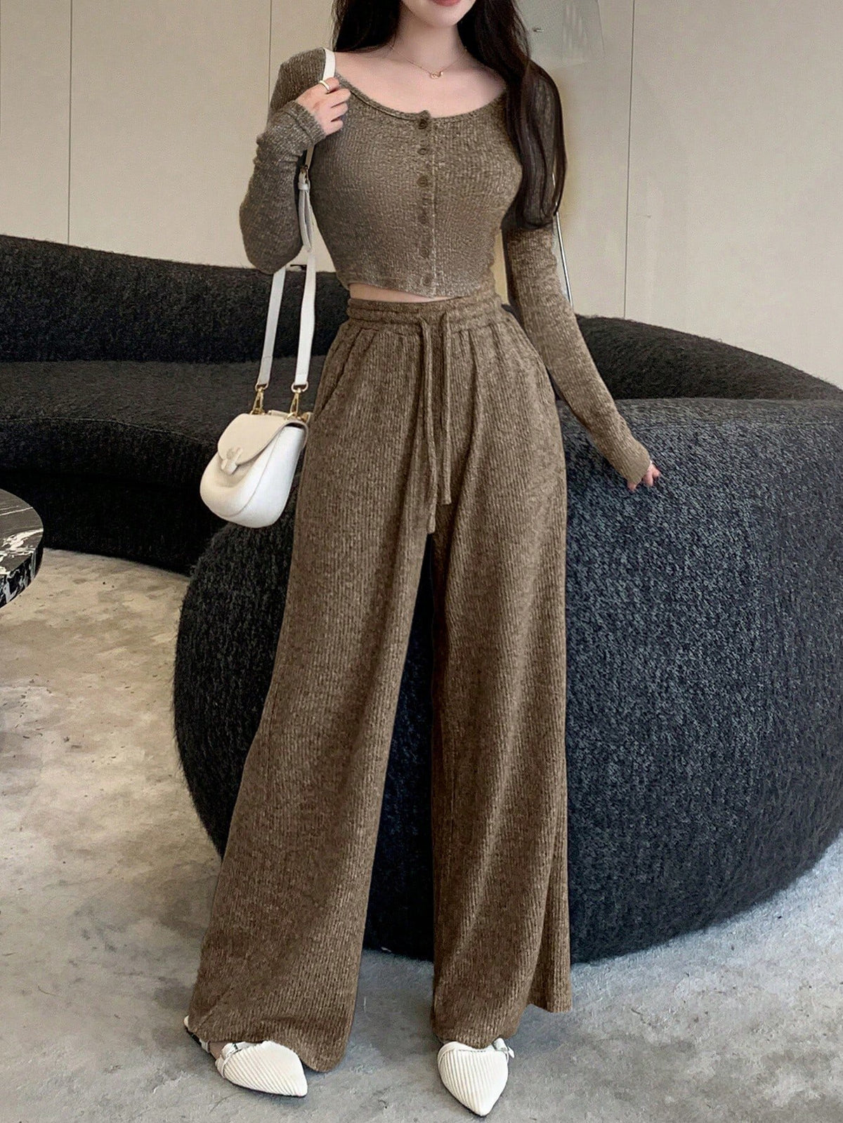 Women's Ribbed Knit Two Piece Wide Leg Pants Set