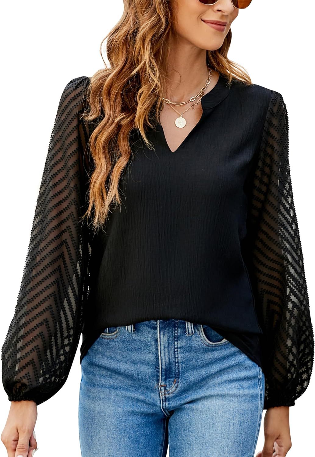 Chiffon Lace V-Neck Top Long Sleeve Balloon Sleeve Blouse