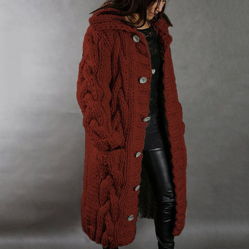 Women's Chunky Cable Knit Hooded Long Cardigan Plus Size