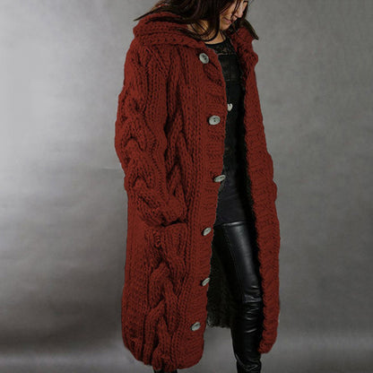 Women's Chunky Cable Knit Hooded Long Cardigan Plus Size