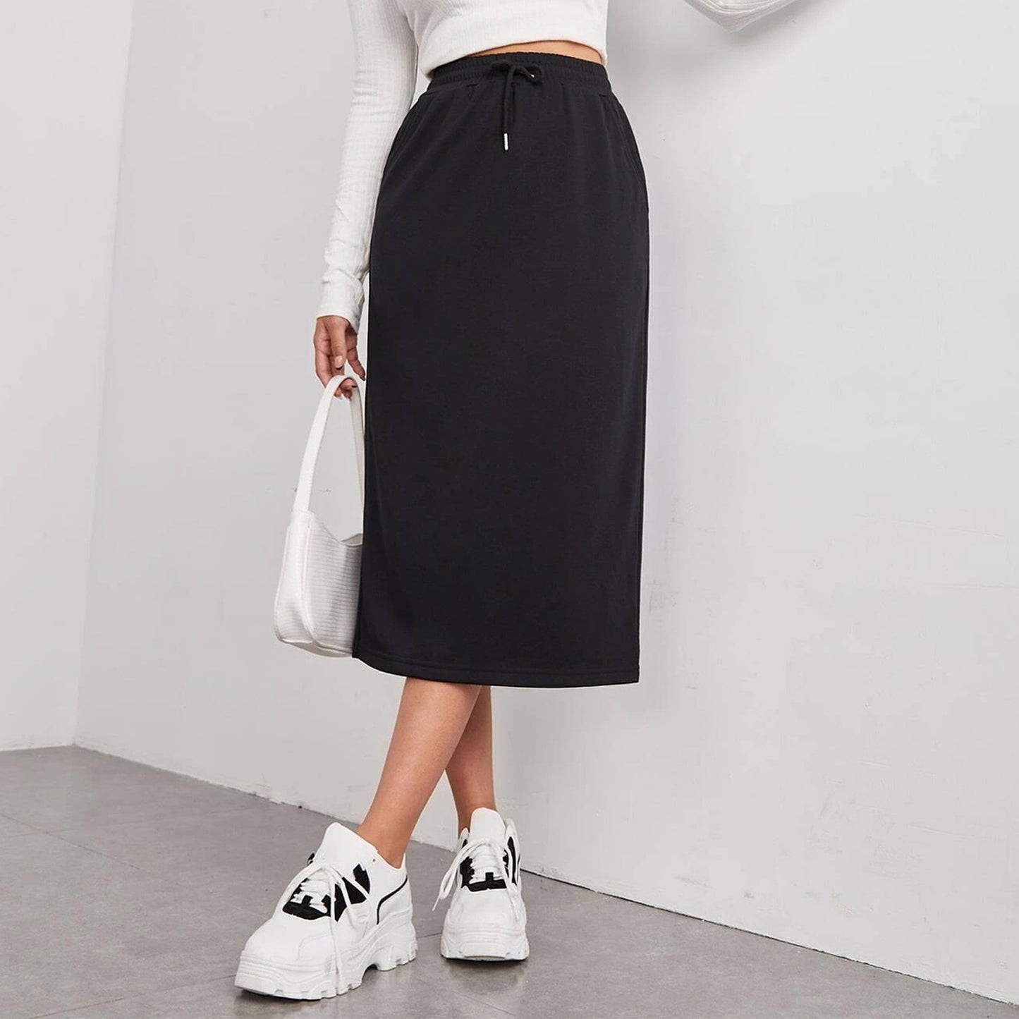 Solid Midi Skirt Drawstring Waist Pocket Slit Casual