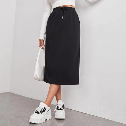 Solid Midi Skirt Drawstring Waist Pocket Slit Casual