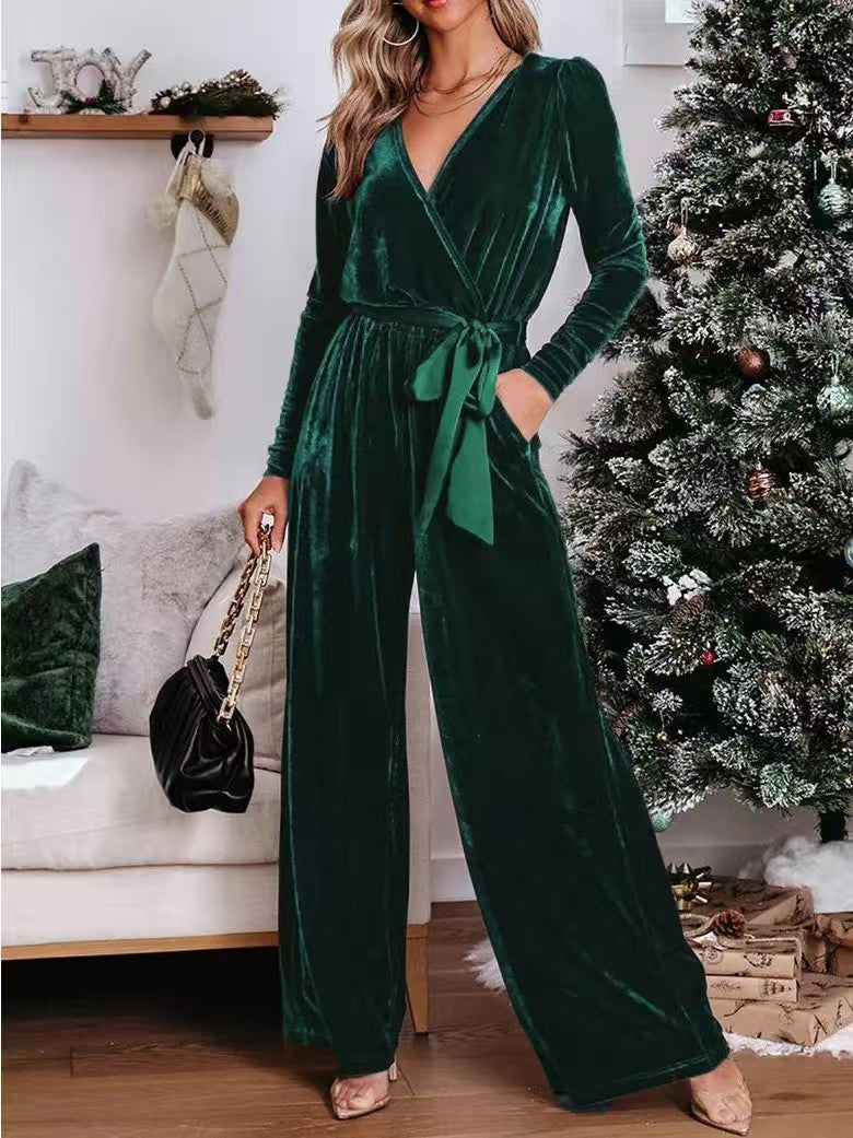 Women's Belted High Waist Wide Leg Long Sleeve Jumpsuit